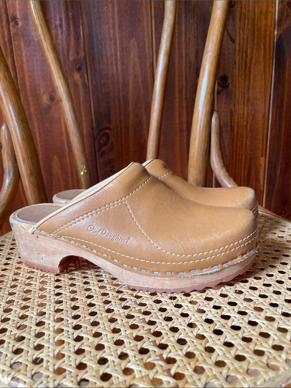 Vintage 1970s Olof Daughters Tan Leather Clog Mules Sz8